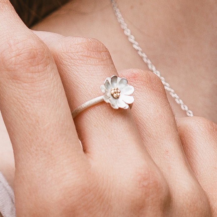 Bague fleur pâquerette en argent artisanale Eclat de pensées